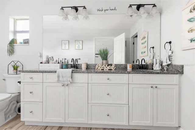 bathroom with toilet, vanity, and hardwood / wood-style flooring