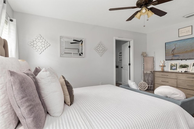 bedroom with ceiling fan and visible vents