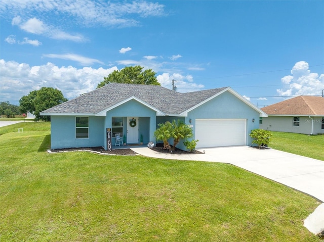 ranch-style home with a garage and a front yard