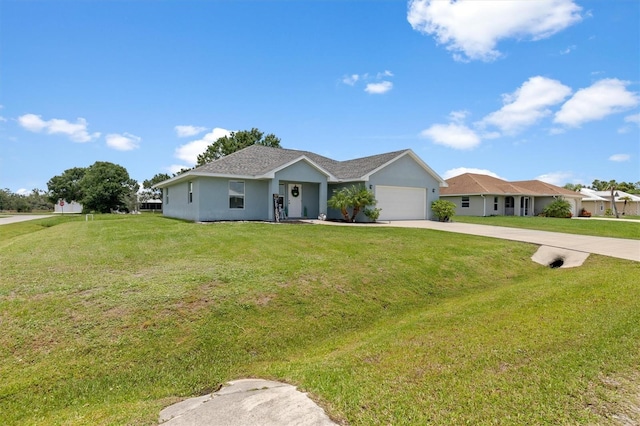 ranch-style house featuring driveway, a garage, a front lawn, and stucco siding