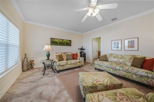 living room featuring baseboards, ceiling fan, visible vents, and crown molding