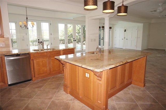 kitchen featuring dishwasher, french doors, open floor plan, and crown molding