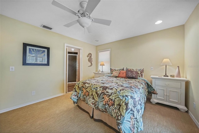 bedroom with baseboards, visible vents, a ceiling fan, carpet flooring, and recessed lighting