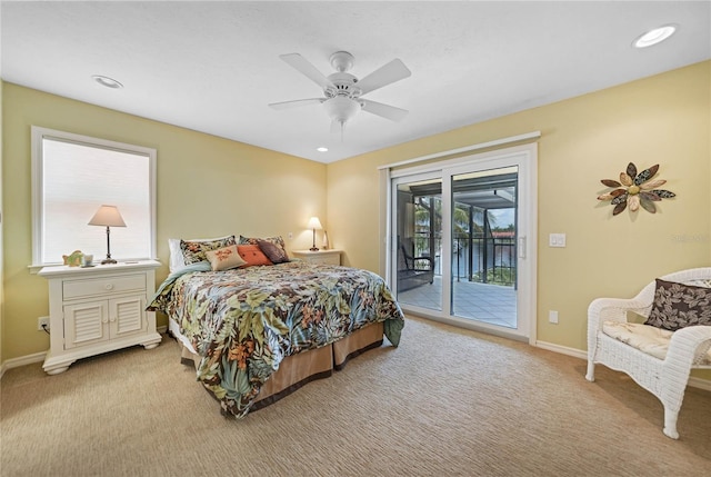 carpeted bedroom featuring ceiling fan, access to outside, recessed lighting, and baseboards