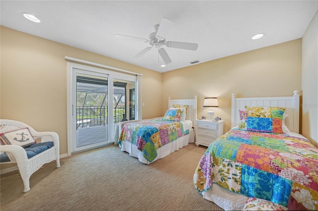 bedroom with recessed lighting, light carpet, a ceiling fan, visible vents, and access to exterior