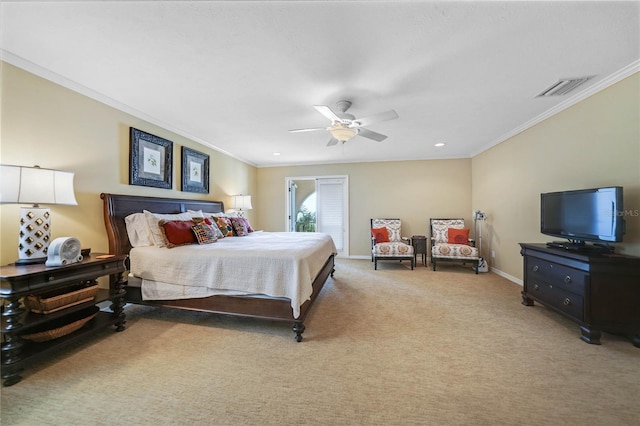 bedroom with baseboards, visible vents, crown molding, and carpet flooring