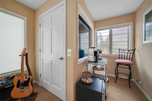 interior space featuring carpet floors, baseboards, a textured ceiling, and a textured wall