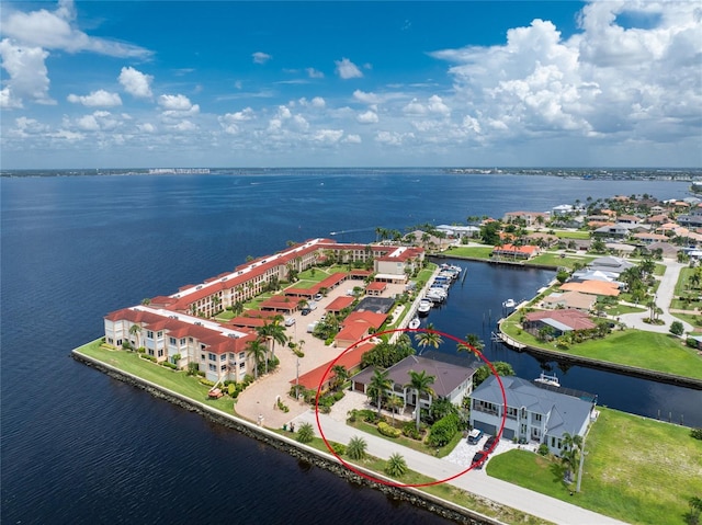 bird's eye view with a water view