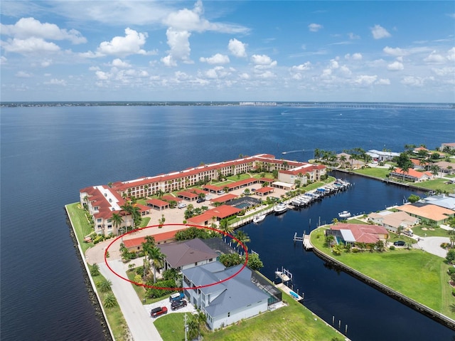 bird's eye view with a water view