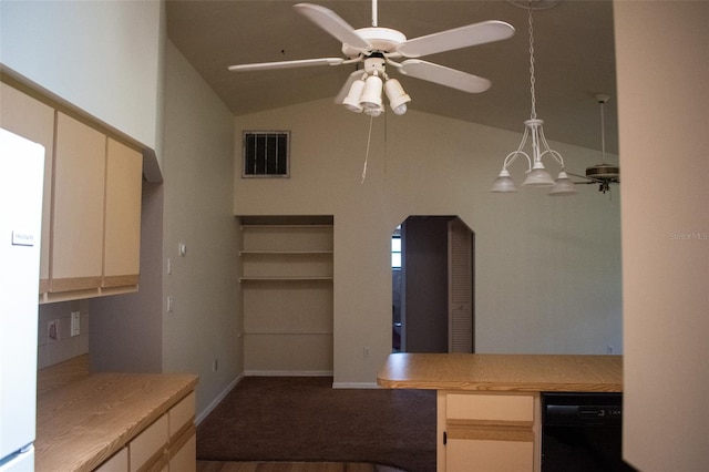 kitchen featuring lofted ceiling, ceiling fan with notable chandelier, hardwood / wood-style flooring, decorative light fixtures, and kitchen peninsula