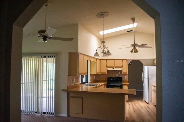 kitchen with white fridge, light hardwood / wood-style flooring, a wealth of natural light, and black electric range