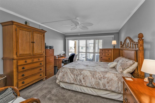 carpeted bedroom featuring ceiling fan, crown molding, and a textured ceiling