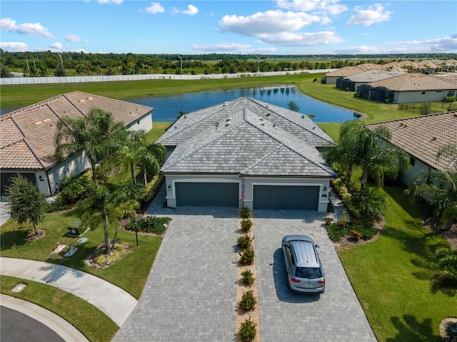 aerial view featuring a water view