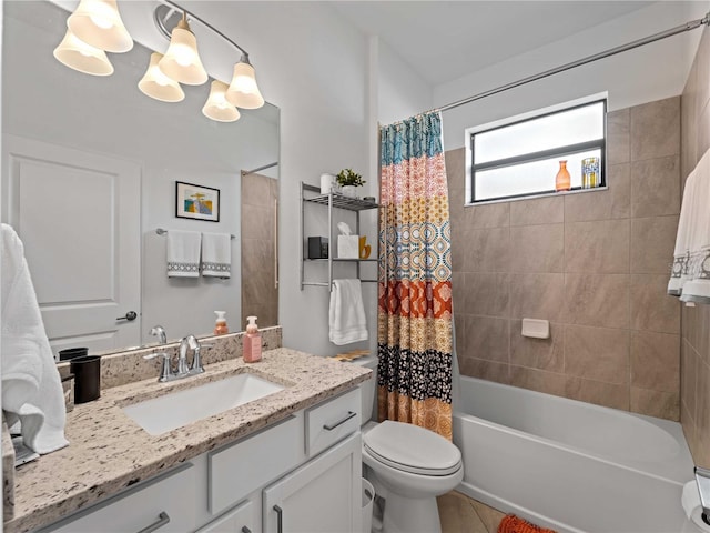 full bath featuring shower / bathtub combination with curtain, vanity, toilet, and an inviting chandelier