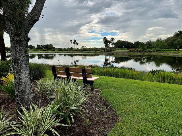 surrounding community with a water view and a lawn