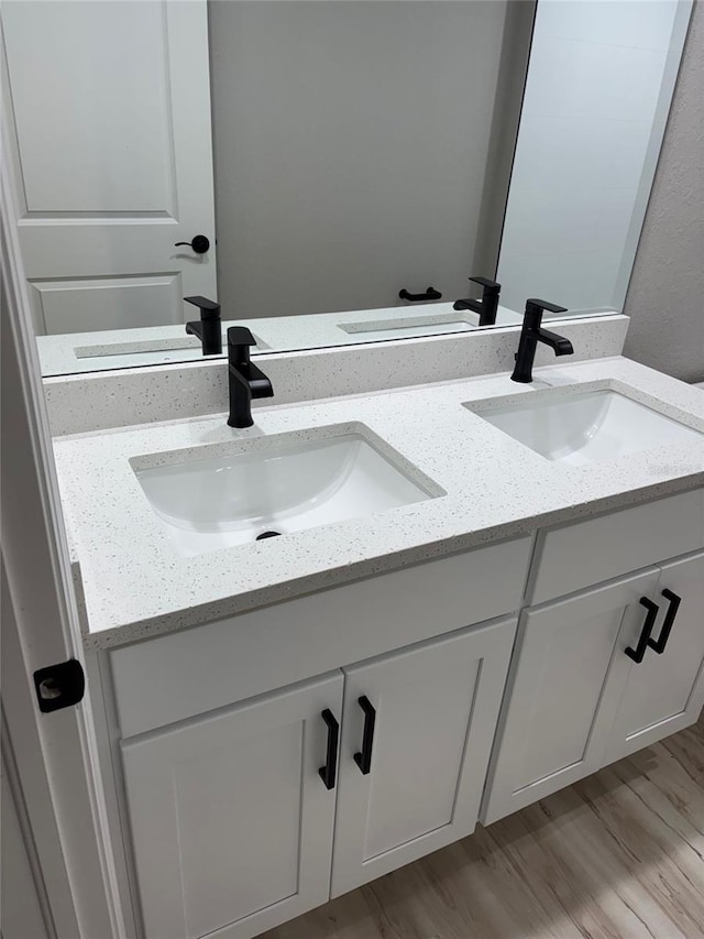 full bathroom with wood finished floors, a sink, and double vanity