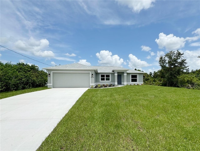 single story home with a garage and a front yard