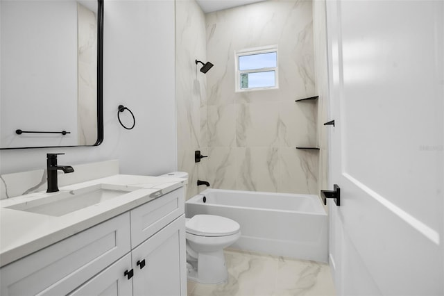 full bathroom with vanity, tiled shower / bath combo, and toilet