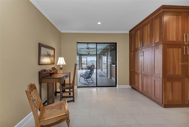 doorway featuring ceiling fan, light tile patterned floors, and ornamental molding