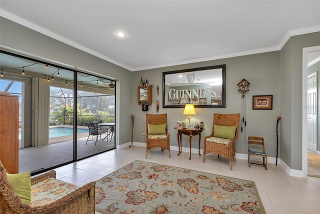 living area with ornamental molding and light tile patterned flooring