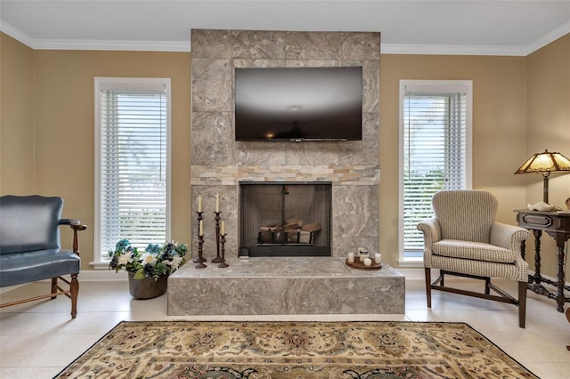 tiled living room featuring a large fireplace and plenty of natural light