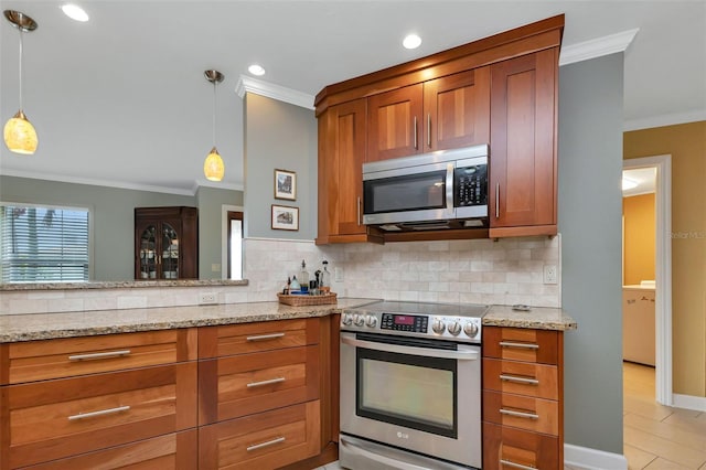 kitchen with appliances with stainless steel finishes, backsplash, light stone counters, crown molding, and pendant lighting