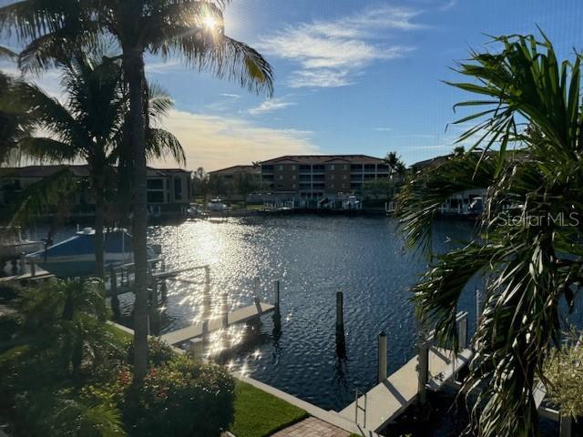 view of dock with a water view