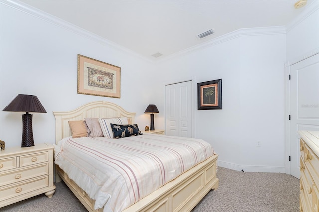 bedroom with light colored carpet, crown molding, and a closet