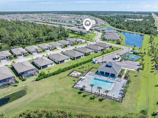 aerial view featuring a water view