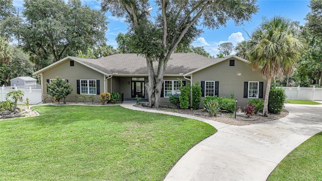 ranch-style house featuring driveway, fence, and a front lawn