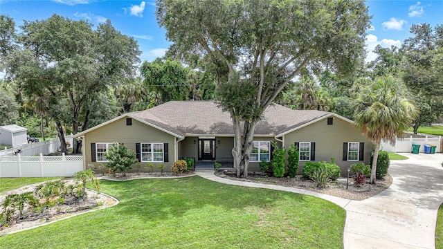 ranch-style home featuring a front yard, roof with shingles, fence, and driveway