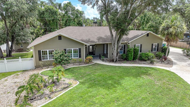 single story home featuring roof with shingles, fence, and a front yard