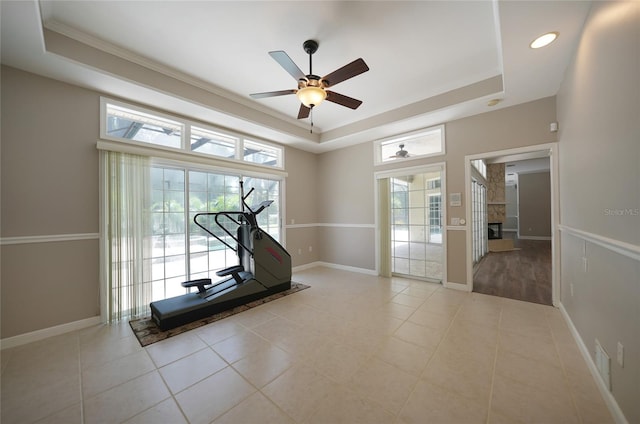 exercise area featuring light hardwood / wood-style floors, a raised ceiling, and plenty of natural light