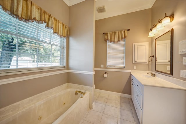 bathroom featuring visible vents, ornamental molding, a whirlpool tub, tile patterned flooring, and vanity