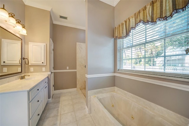 full bath featuring crown molding, visible vents, vanity, tile patterned flooring, and a whirlpool tub