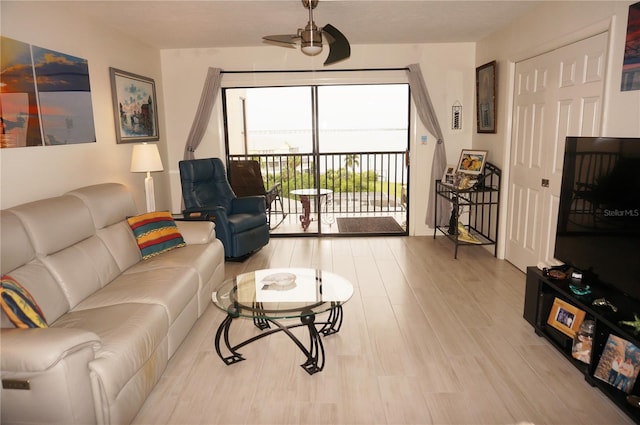 living room with light hardwood / wood-style flooring and ceiling fan