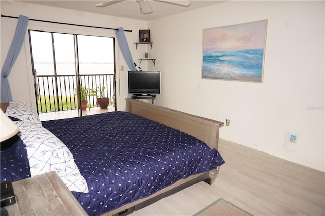 bedroom with light wood-type flooring, ceiling fan, and access to exterior