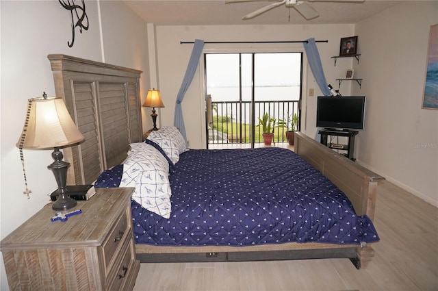 bedroom with access to exterior, ceiling fan, and light hardwood / wood-style floors