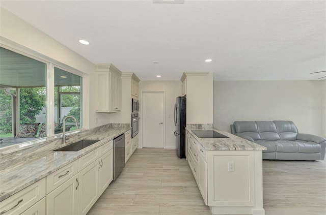 kitchen with stainless steel appliances, open floor plan, a sink, and light stone countertops