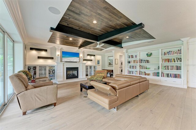 living room with a fireplace with raised hearth, wood ceiling, beamed ceiling, light wood-style floors, and recessed lighting