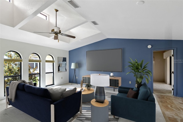 living room featuring ceiling fan, light colored carpet, and lofted ceiling