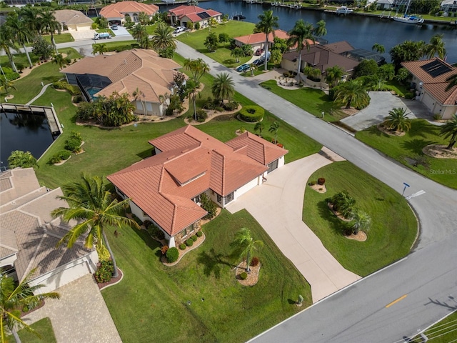 drone / aerial view featuring a water view