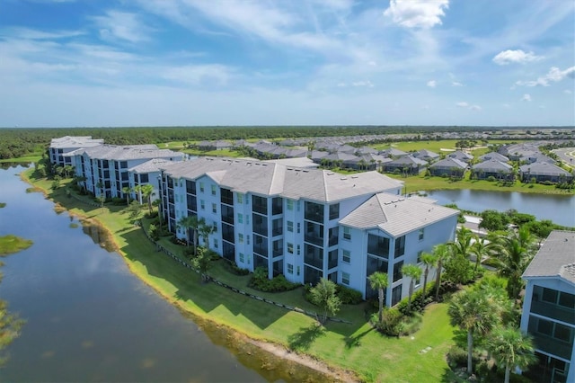 bird's eye view with a water view