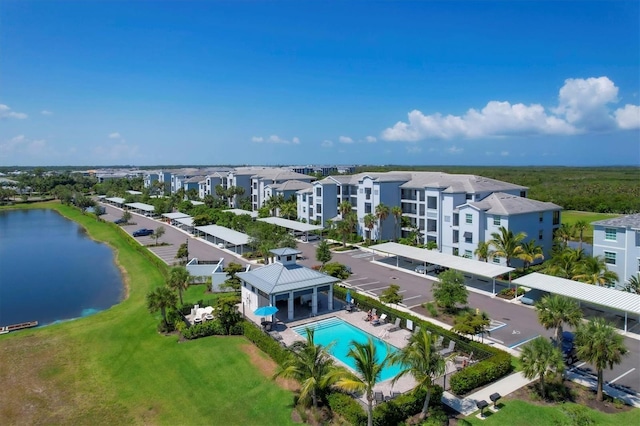 bird's eye view with a water view