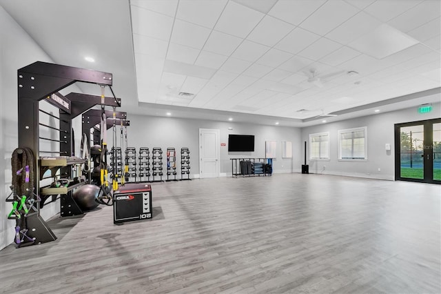 exercise area featuring a raised ceiling, wood-type flooring, and ceiling fan