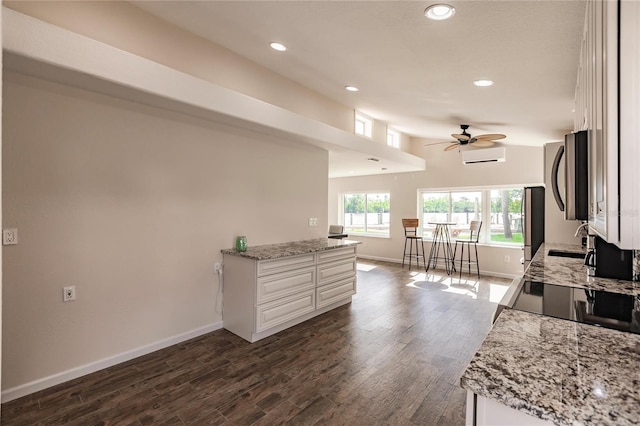 kitchen with white cabinets, a wall mounted AC, appliances with stainless steel finishes, dark hardwood / wood-style flooring, and ceiling fan