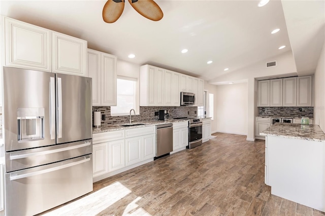 kitchen featuring backsplash, appliances with stainless steel finishes, sink, wood-type flooring, and ceiling fan