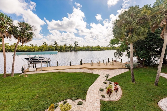 view of dock featuring a water view and a lawn