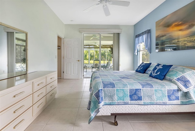 bedroom featuring access to exterior, ceiling fan, and light tile patterned flooring