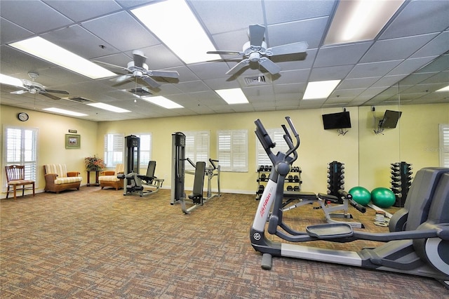 workout area with a paneled ceiling, visible vents, carpet floors, and ceiling fan